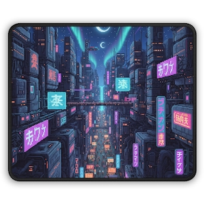 May include: Mouse mat with a pixelated cityscape design. The image shows a futuristic city with neon signs and buildings in shades of purple, teal, and pink. The design includes Japanese text and a night sky with a crescent moon. The mousepad has a black border.