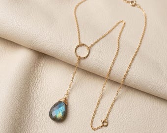 Collar con colgante de labradorita natural, joyería de energía espiritual estilo boho, piedra preciosa de 15 mm.