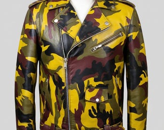 Handmade Bold Camouflage Biker Leather Jacket Unisex Streetwear Moto Jacket Punk Fashion Outerwear Coat