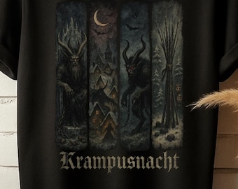 May include: A black short-sleeve t-shirt featuring a graphic print with four vertical panels depicting a horned figure, a village at night, a dark creature, and a bundle of sticks. The text Krampusnacht is printed in a gothic font below the graphic.