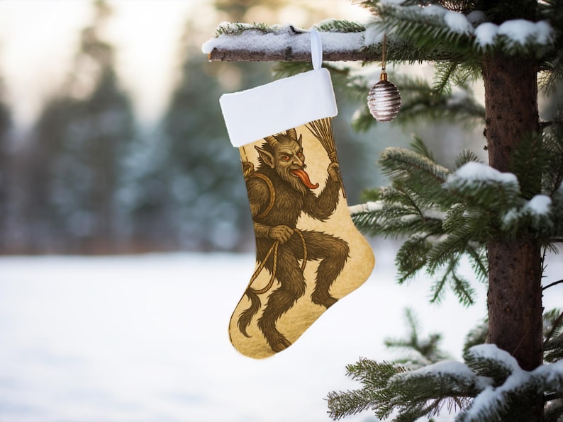 Krampus Christmas Stocking, Gothic Alpine Holiday Decor, Vintage Krampusnacht Art Stocking, Dark Christmas Gift for Horror Folklore Fans image 3