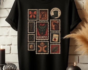 Krampusnacht Stamp Collage T-Shirt, Gothic Holiday Shirt, Dark Christmas Krampus Graphic Tee