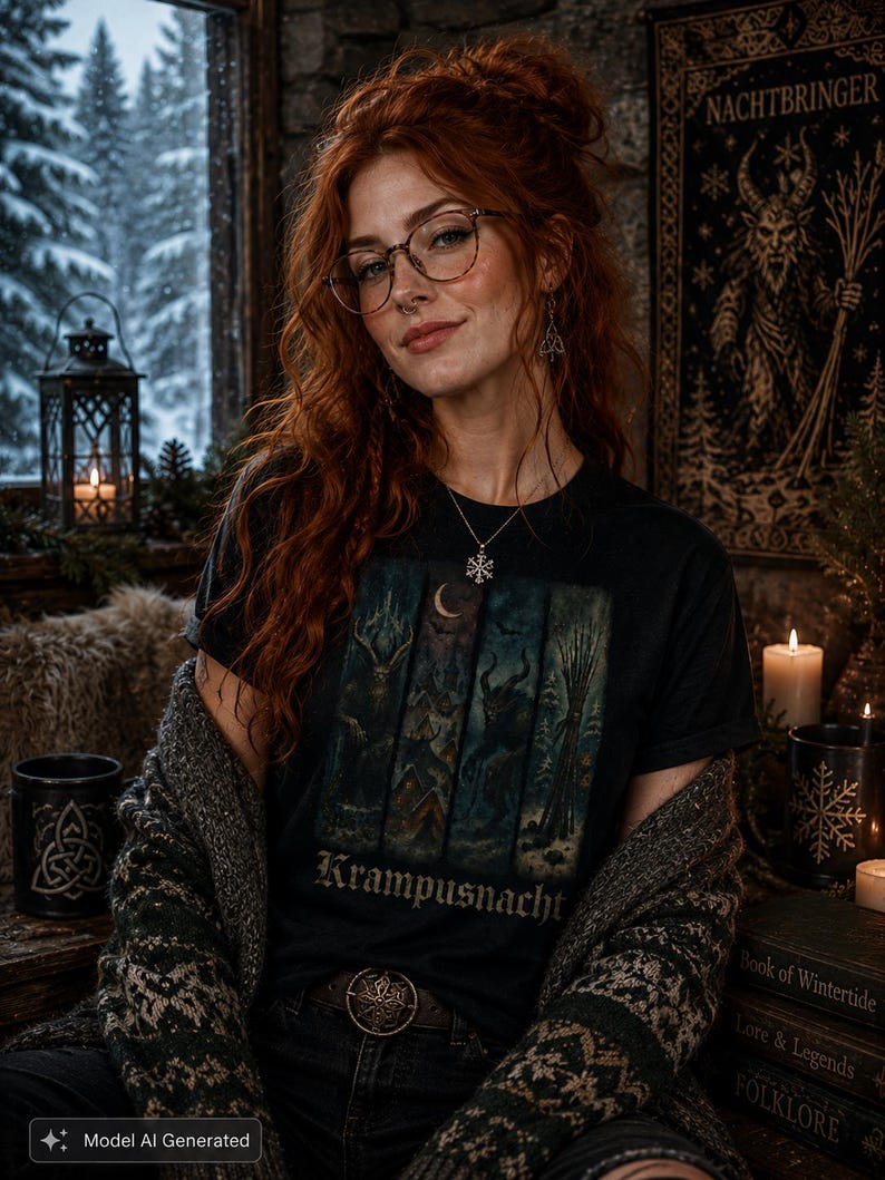 May include: A black t-shirt featuring a graphic print with four vertical panels depicting winter scenes, a crescent moon, and the text Krampusnacht. The shirt is worn with a dark green patterned cardigan, a silver snowflake necklace, and glasses.