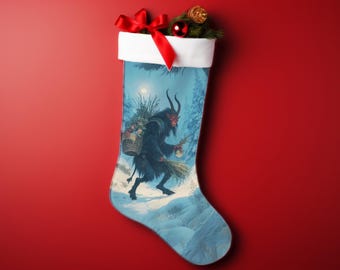 Krampus Christmas Stocking, Gothic Winter Flannel Stocking, Dark Folklore Holiday Décor, Unique Alpine Christmas Gift