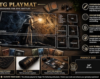 Wizard MTG Playmat 24x14, Fantasy Trading Card Game Mat, Commander Playmat with Zones, TCG Gaming Mat, Magic Card Game Gift