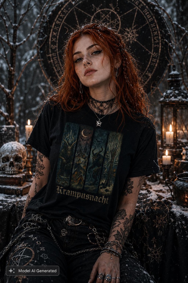 May include: A black t-shirt featuring a graphic print divided into four vertical panels depicting dark, winter-themed scenes with a crescent moon and the text Krampusnacht printed in a gothic font at the bottom of the graphic design.