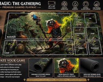 Commander Playmat, MTG Gaming Mat with Card Zones, 24x14 TCG Playmat, Raccoon Necromancer Fantasy Art, Commander Accessories, Card Game Mat
