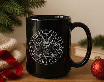 Krampus Coffee Mug, Gothic Holiday Cup with Norse Runes & Occult Symbol, Black Ceramic Mug for Christmas, Yule, or Horror Fans