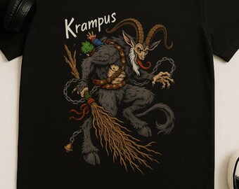 Krampus Christmas T Shirt, Comic Book Style Gothic Holiday Tee, Dark Folklore Demon Goat Shirt, Creepy Xmas Gift for Horror & Myth Fans