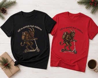 Krampus Scooter Shirt, Off to Punish Bad Children Tee, Funny Krampusnacht Christmas Shirt, Gothic Holiday Gift, Alt Christmas Tee