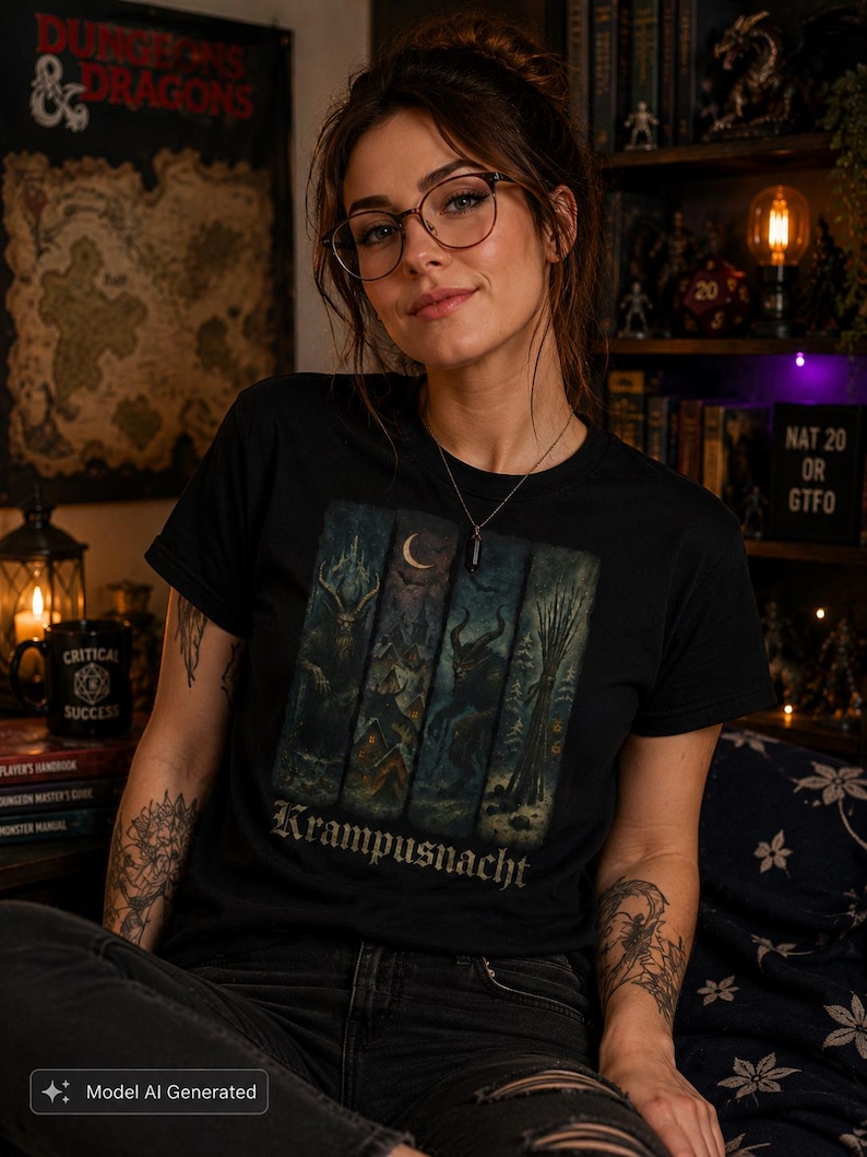 May include: A black t-shirt featuring a graphic print divided into four vertical panels depicting a dark winter scene with a horned figure, a crescent moon, and a snowy village. The text Krampusnacht is printed in a gothic font at the bottom.