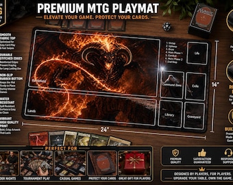 Fantasy Fire Demon MTG Playmat 24x14, Commander Gaming Mat with Card Zones, TCG Play Mat, Non Slip Stitched Edge Card Game Mat