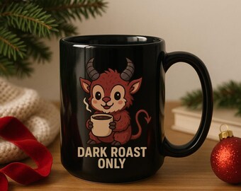 Cute Krampus Coffee Mug,  15oz Black Ceramic Cup, Fantasy Holiday Espresso Lover Gift, Goth Cute Kawaii Horned Creature Cup