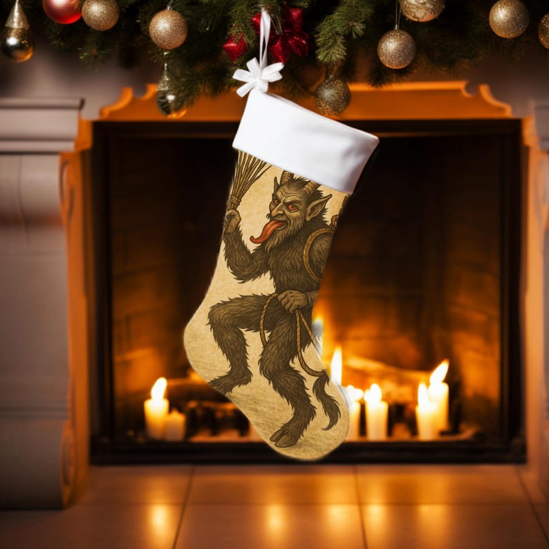 Krampus Christmas Stocking, Gothic Alpine Holiday Decor, Vintage Krampusnacht Art Stocking, Dark Christmas Gift for Horror Folklore Fans image 2