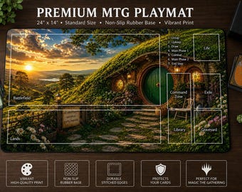 MTG Hobbit Hole Gaming Mat, Commander Playmat with Card Zones, Fantasy Landscape Trading Card Game Mat