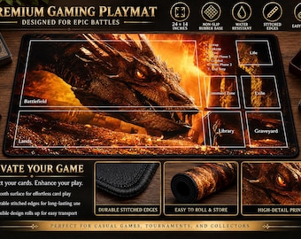 Dragon TCG Playmat With Zones, 24x14 Fantasy Card Game Mat, Stitched Edge Commander Gaming Mat, Gift for Card Gamer