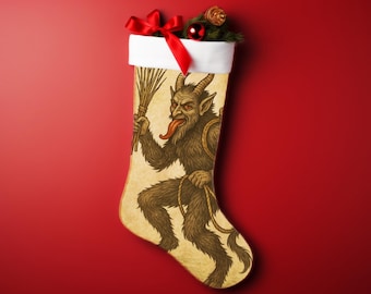 Krampus Christmas Stocking, Gothic Alpine Holiday Decor, Vintage Krampusnacht Art Stocking, Dark Christmas Gift for Horror Folklore Fans