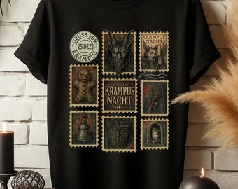 Krampusnacht Vintage Stamp T-Shirt, Gothic Holiday Shirt, Dark Christmas Krampus Tee, Occult Pagan Gift