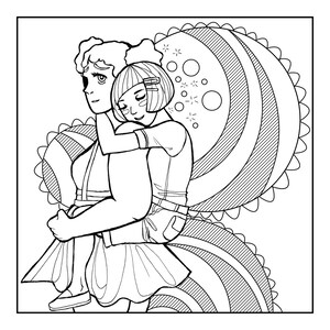May include: A black and white line drawing of two people hugging. The person in the front is holding the person in the back. The background is a stylized design of circles and swirls.