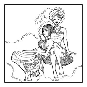 May include: A black and white line drawing of two women sitting together. The woman on the left is wearing a long, flowing dress with a decorative pattern. The woman on the right is wearing a shorter dress with a more simple design. Both women have long hair and are looking down.