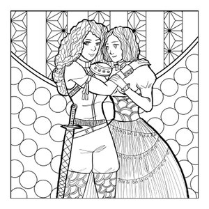 May include: A black and white line drawing of two women, one with long curly hair and a sword, the other with long straight hair and a flowing dress. The women are embracing each other.