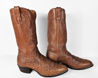 Vintage J Chisholm Men's Size 11D Full Quill Ostrich Leather Cognac Cowboy Boots