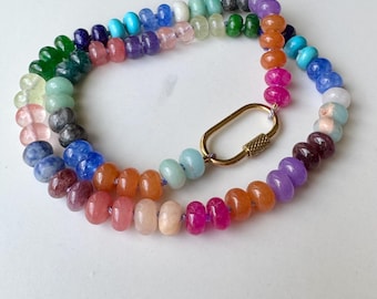 Hand-Knotted Rainbow Gemstone Necklace Colorful Beaded Jewelry Semi Precious Stone Necklace Boho Chic Gold Clasp Necklace Personalized Gift