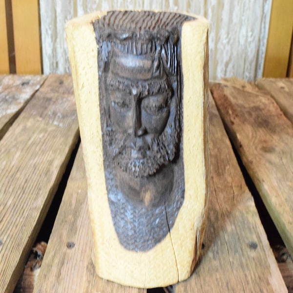 Hand carved Face of Jesus inset in a two Toned Wooden Branch Dynamic Wood Carving of Christ Sculpture in Natural Wood
