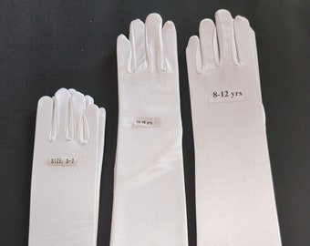 Girl's Long White Stretch Satin Gloves Children's Gloves.  Three Different sizes 3-7 year old, 8-12 year old, 13-16 year old