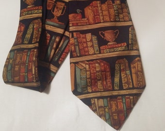 Book Lover's Necktie features Antique Book Shelf Design Librarian Gift Classic Books Novelty Tie by Alynn Neckwear