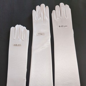 Girl's Long White Stretch Satin Gloves Children's Gloves.  Three Different sizes 3-7 year old, 8-12 year old, 13-16 year old