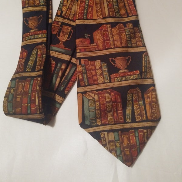Book Lover's Necktie features Antique Book Shelf Design Librarian Gift Classic Books Novelty Tie by Alynn Neckwear