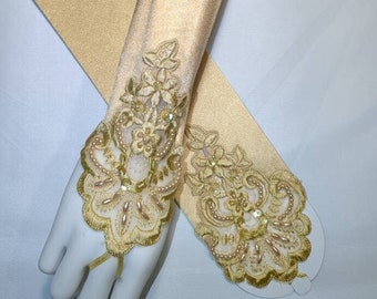 Gold Luster Stretch Satin Fingerless Gloves Elbow Length Beaded Lace with Finger Loop 13" From Knuckle on Up