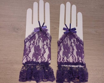 Purple Lace Ladies  Fingerless Gloves  Wrist Length  6" with Ruffled Cuff Delicate Gauntlet