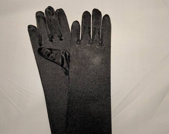 Girl's Long Black Stretch Satin Gloves Children's Gloves Four Different Sizes 0-3 year old, 3-7 year old, 8-12 year old, 13-16 year old.