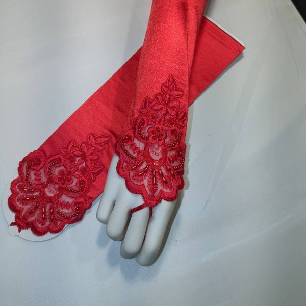 Red Luster Stretch Satin Fingerless Gloves Elbow Length Beaded Lace with Finger Loop 13" From Knuckle on Up