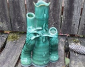 Bamboo Triple Spill Vase Lucky Bamboo Trio with Shiny Green Glaze Tall Ceramic 3 in One Bud Vase Bamboo Planter Asian Decor