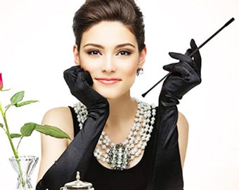 Black high Luster Satin Gloves 22" Opera Gloves 19" Above Elbo Gloves 15" Below Elbo Gloves 9" Wrist