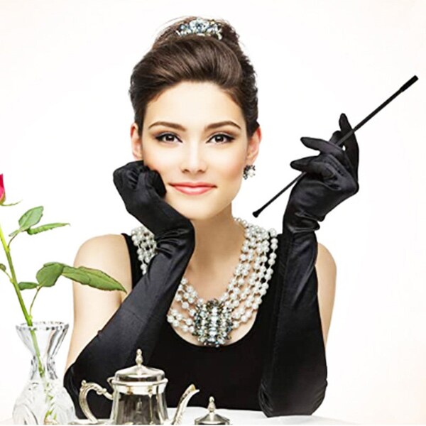 Black high Luster Satin Gloves 22" Opera Gloves 19" Above Elbo Gloves 15" Below Elbo Gloves 9" Wrist