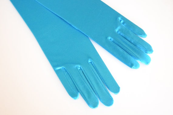 Turquois Luster Stretch Satin Gloves Opera Length… - image 4