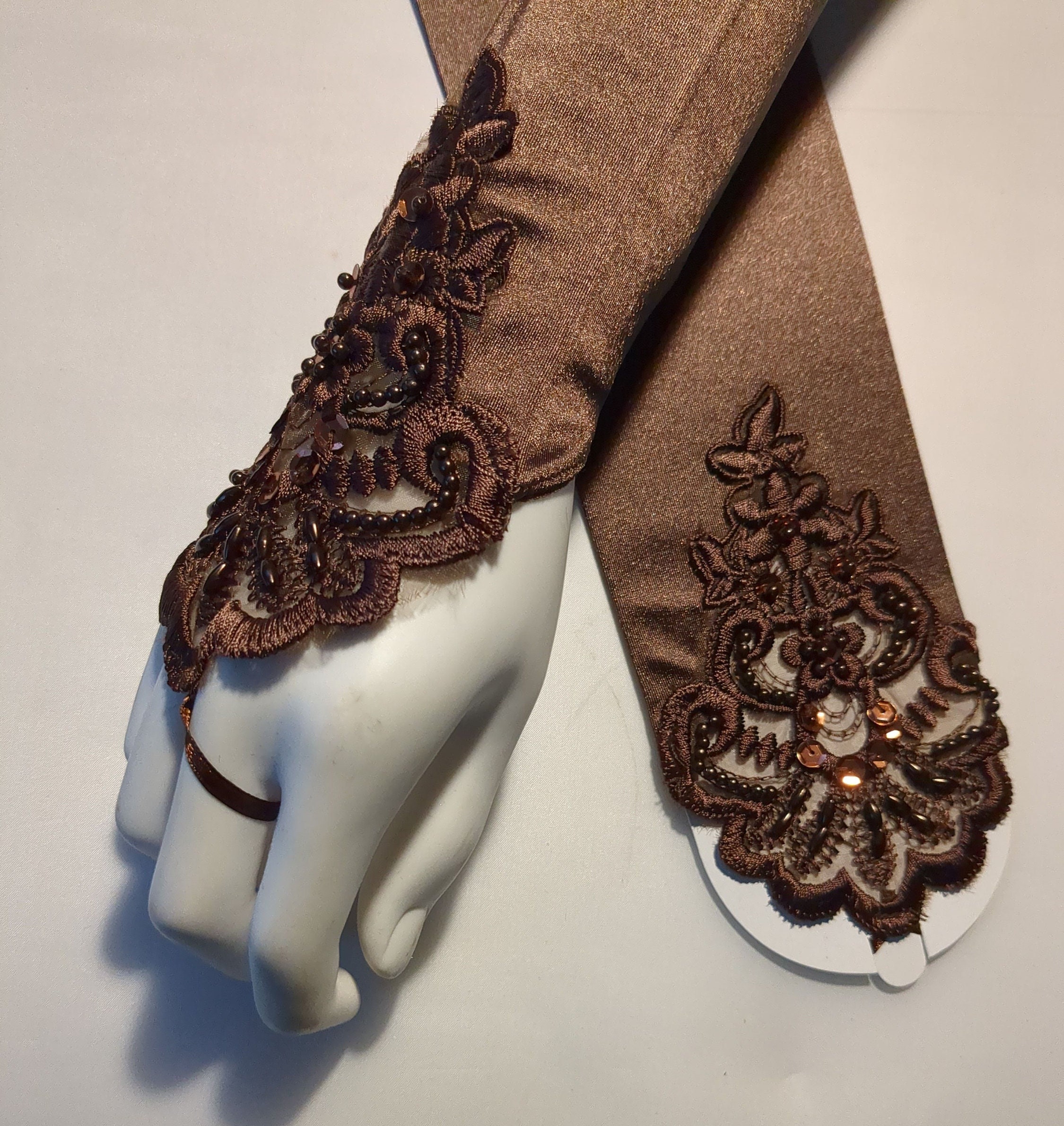 brown dress gloves Luster Stretch Satin Fingerless Elbow Length Beaded Lace With Finger Loop 13