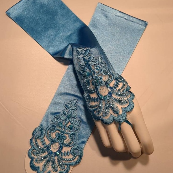 Turquoise Luster Stretch Satin Fingerless Gloves Elbow Length Beaded Lace with Finger Loop 13" From Knuckle on Up