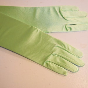 Chartreuse Green Satin Gloves 22&quot; Opera Gloves 19&quot; Above Elbo Gloves 15&quot; Below Elbo Gloves 9&quot; Wrist Womens Dress Gloves