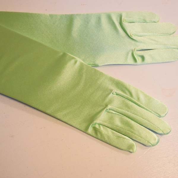 Chartreuse Green Satin Gloves 22" Opera Gloves 19" Above Elbo Gloves 15" Below Elbo Gloves 9" Wrist Womens Dress Gloves