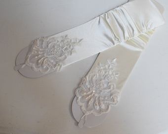 Ivory Rouched Luster Stretch Satin Fingerless Gloves Elbow Length Beaded Lace with Finger Loop