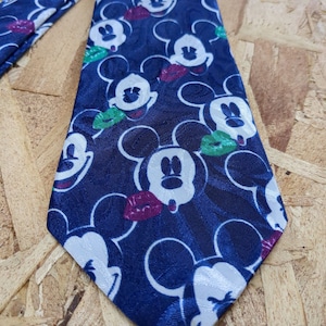 Mickey Mouse Patterned Necktie Navy Blue and White with Green and Red Puckered Lips Cartoon Novelty Tie by Disney