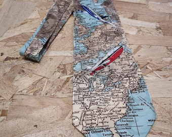 Fly Around the World with this Aviator Necktie with World Maps Airplane Men's Tie