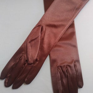 Brown High Luster Stretch Satin Gloves Opera Length to Wrist 22&quot; 18&quot; 15&quot; and 9&quot; Ladies Gloves Prom Wedding Gloves Formal Occasions Pageants