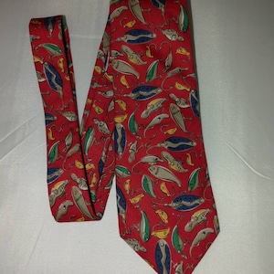 Fishing Lures Necktie Red Tie with Colorful Fishing Hooks 100% Cotton Tie Fisherman Gift Retirement Gift
