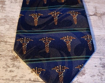 Doctors Necktie Dark Navy Blue with Caduceus Symbols